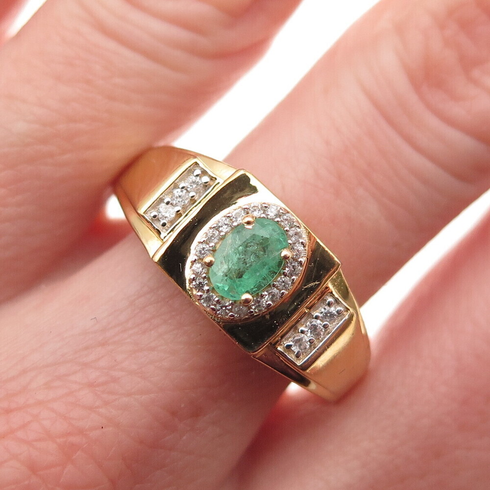 D'JOY 925 Sterling Silver Gold Plated Real Emerald & White Topaz Ring Size 10.25